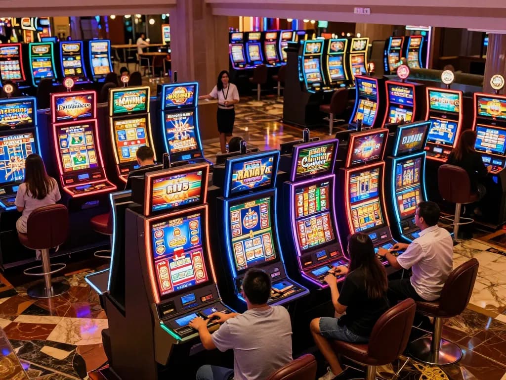Players engaging with vibrant slot machines in a busy casino, showcasing excitement and entertainment.