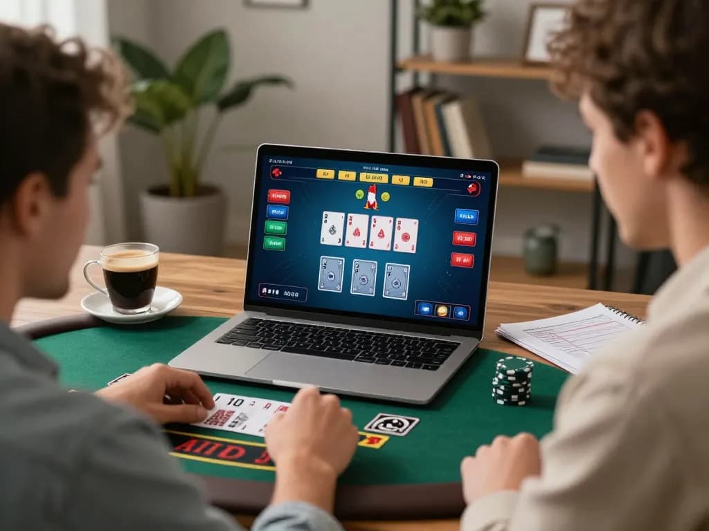 Pemain merencanakan strategi di rumah menggunakan antarmuka blackjack online hoki88 di laptop selama sesi permainan.
