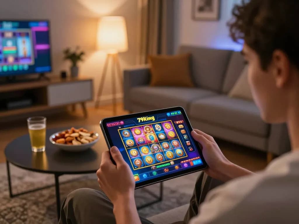 Player enjoying exhilarating slots action on the 79king app from home, showcasing vibrant gameplay and comfort.