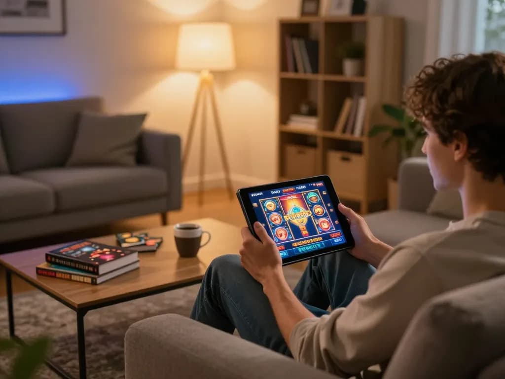 Engaging scene of a person playing casino online senza registrazione at home, showcasing a tablet with vibrant slot game visuals.