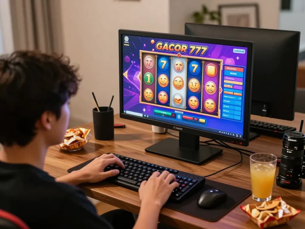 Engaging in slot gacor 777 gameplay on a laptop, vibrant home gaming atmosphere