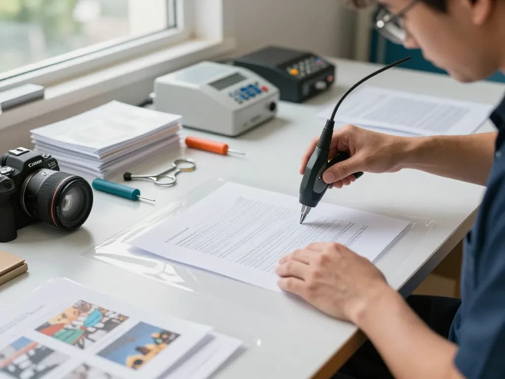 gỡ ép plastic hà nội - Kỹ thuật viên lành nghề an toàn loại bỏ lớp nhựa khỏi các tài liệu quan trọng trong một xưởng sáng sủa.