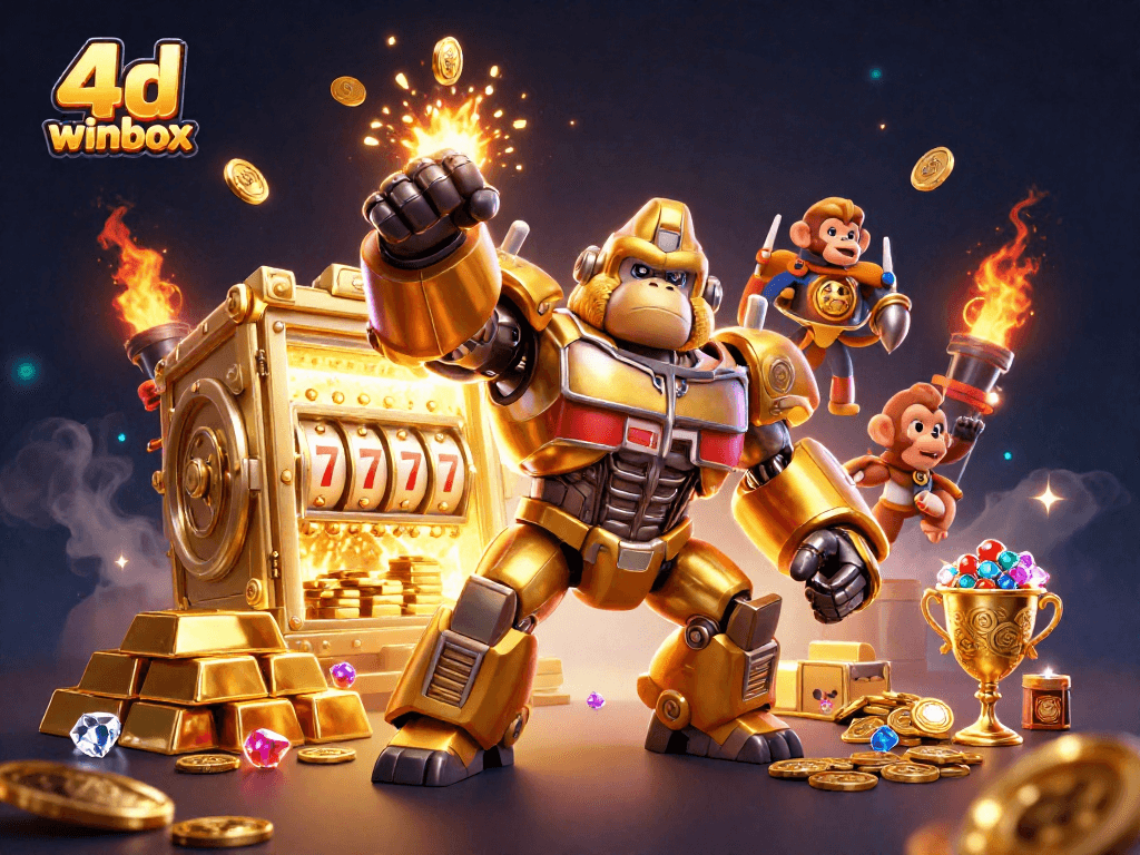 Experience 4d winbox excitement with a golden gorilla mech and vibrant lottery elements.