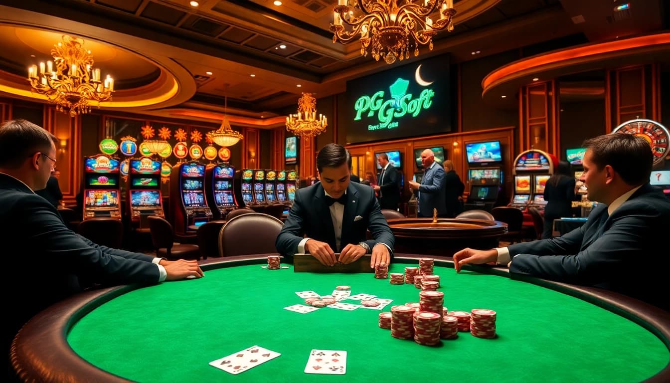 Gamble at a luxurious poker table showcasing PGSoft Official Pocket Games Soft amid vibrant casino atmosphere.