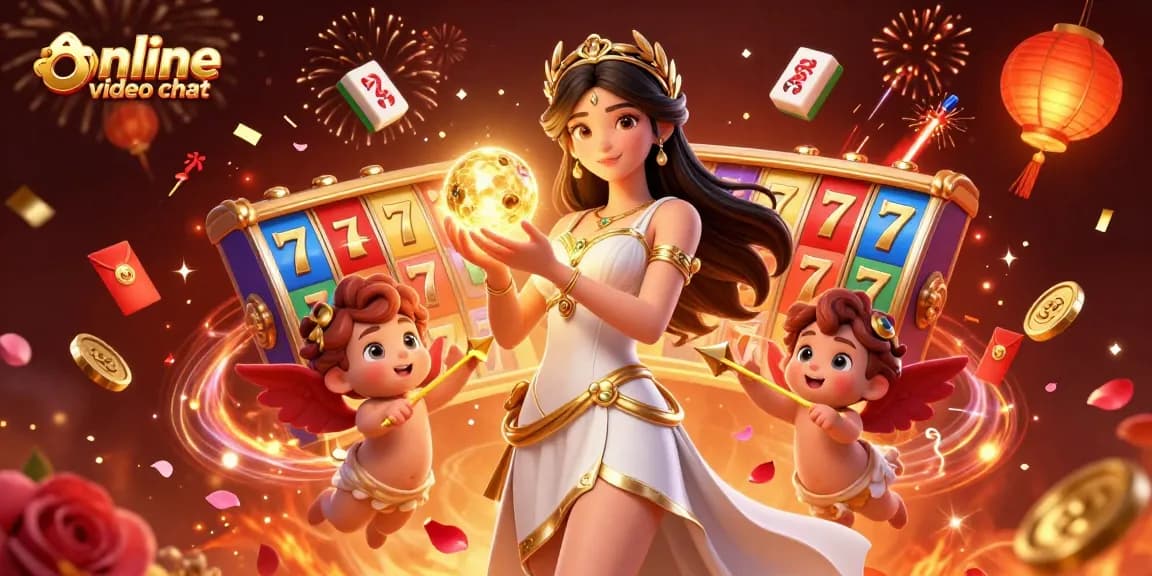 Engage in online video chat with stunning visuals, featuring vibrant slot reels and festive elements.