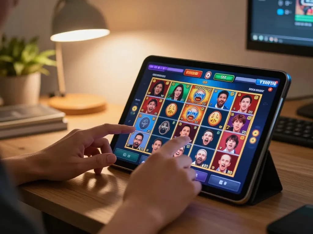 Engaging with situs slot game on tablet in a cozy home office, showcasing strategic gameplay