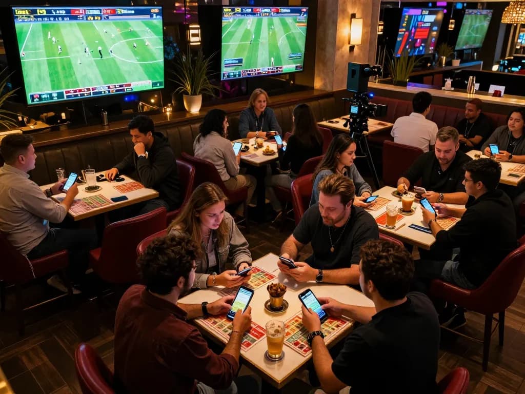 Engaged bettors placing wagers and analyzing odds at tylekeonhacai88 in a lively sports lounge atmosphere.