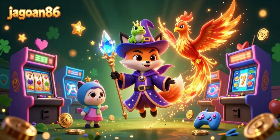 Engage in thrilling gameplay with jagoan86, showcasing a wizard fox and phoenix in a vibrant casino scene.