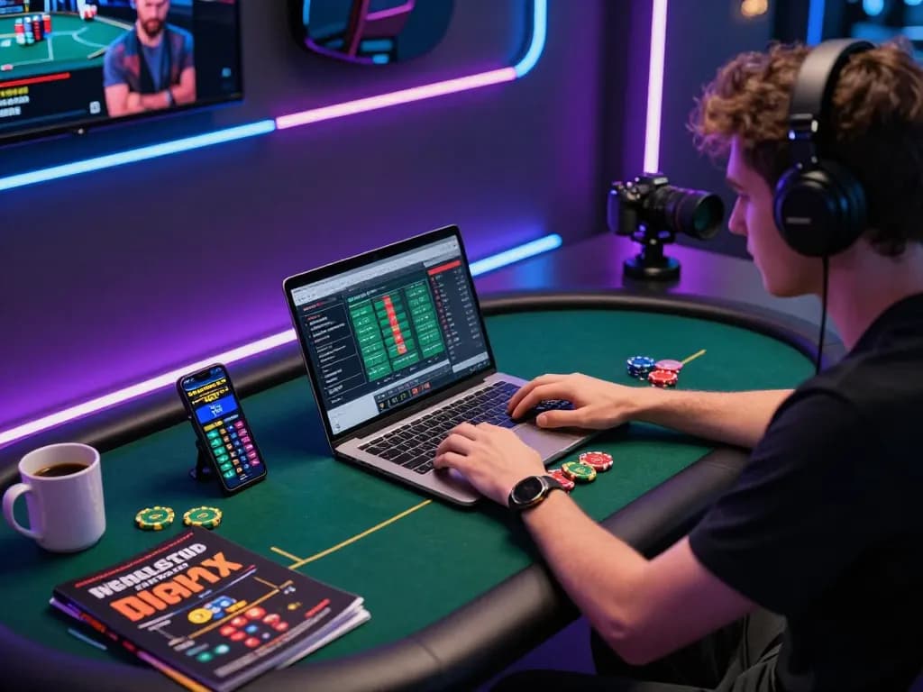 Cakhiatv user intensely strategizing for online poker with laptop and smartphone in a cozy home setup