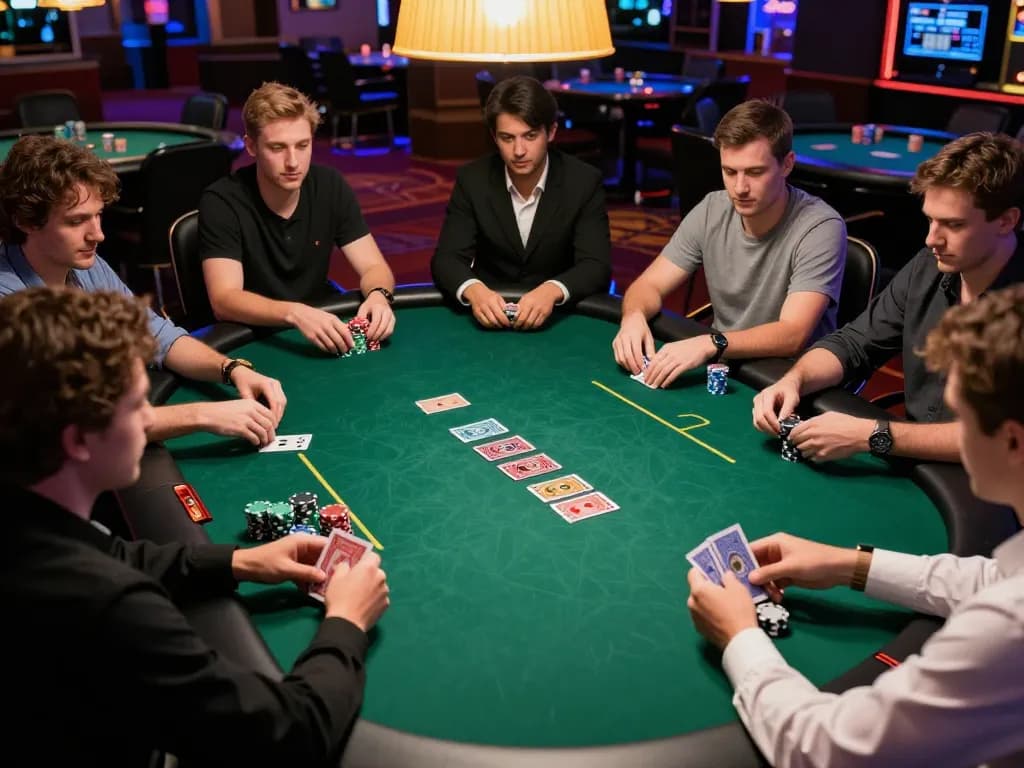 33CC poker players strategizing their bets at a high-stakes table in an upscale casino.