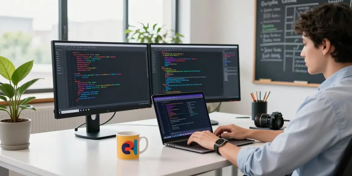 Dynamic workspace showcasing a developer working on 纸飞机中文版 in a modern office.