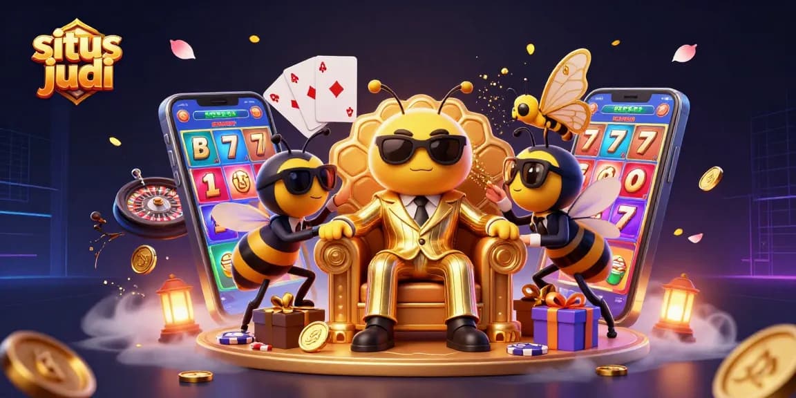 Engage in situs judi slots with a vibrant scene showcasing a bumblebee mob boss and gaming elements.