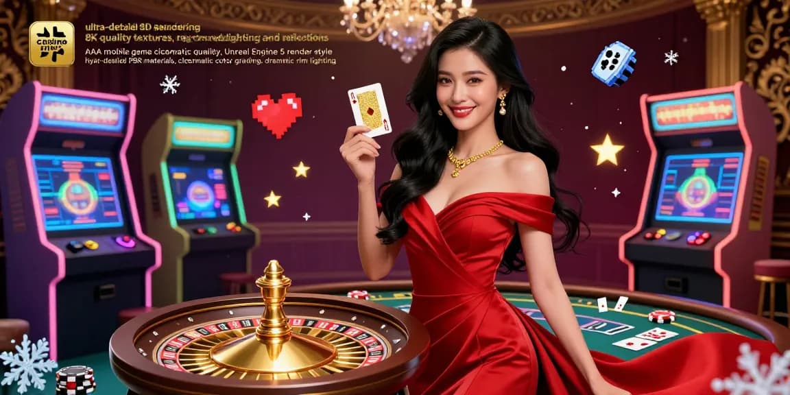 Vivez l'excitation du casino en ligne avec une illustration époustouflante d'une belle femme à côté d'une roue de la fortune et d'éléments de jeu vibrants.