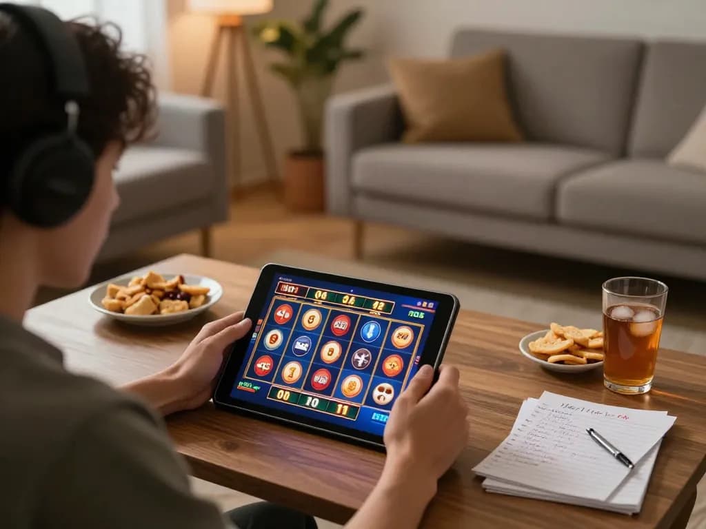 Gamer using tablet for gtatoto slots with winning spins displayed, cozy home gaming scene.