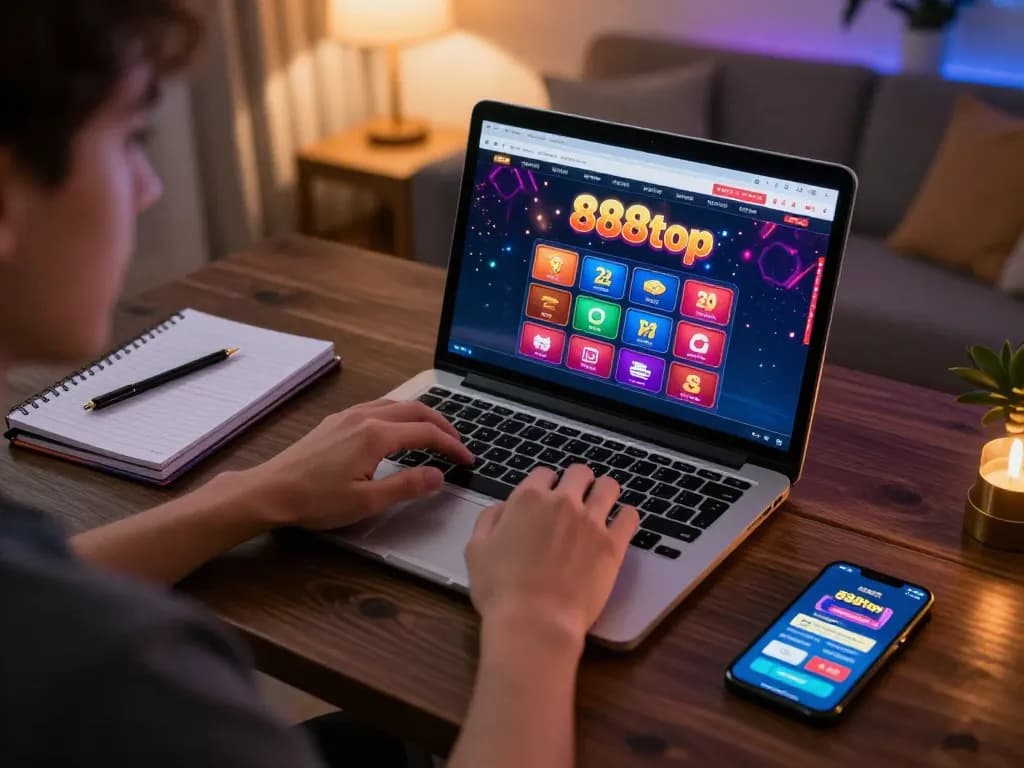 Experience the thrill of online gambling with 888top, featuring a player engaged in strategic betting at home.