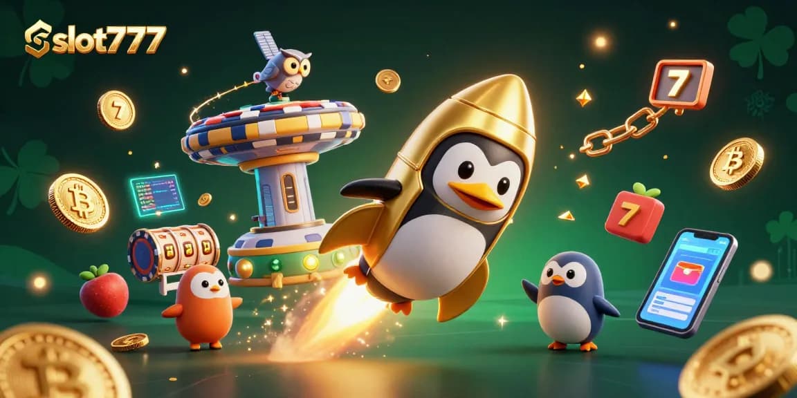 Engage in the thrill of slot777 with a penguin flying to a casino, surrounded by coins and slot symbols.