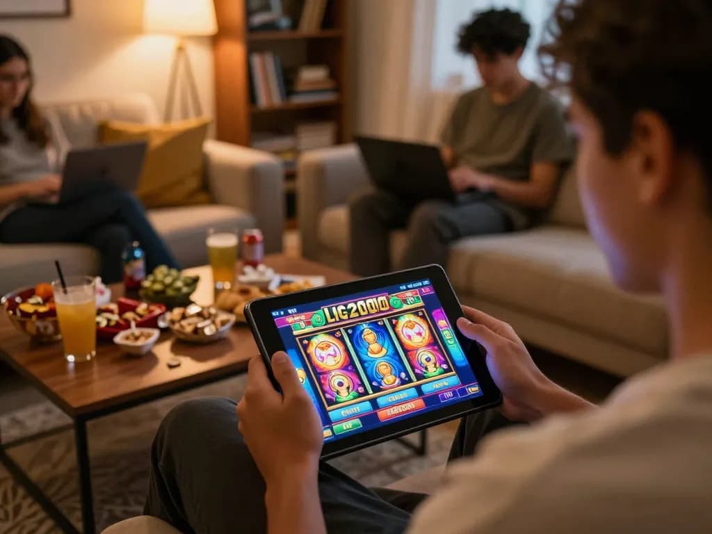LIGA2000 online gaming experience with players enjoying slots on a tablet in a cozy home setup