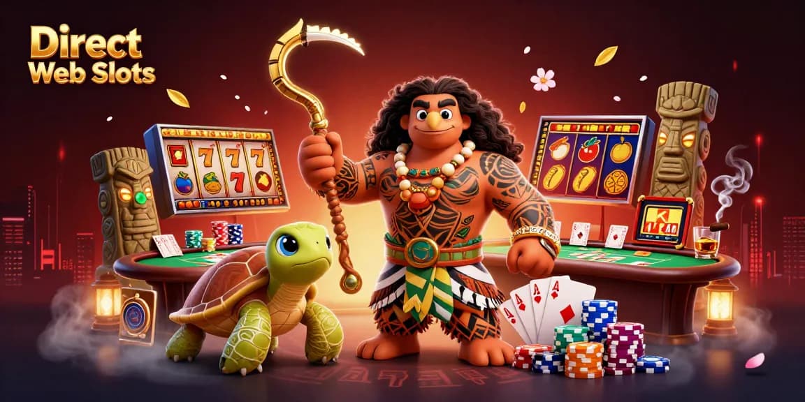 Engage with Direct Web Slots in a dynamic and colorful 3D casino scene featuring vibrant characters and gaming elements.