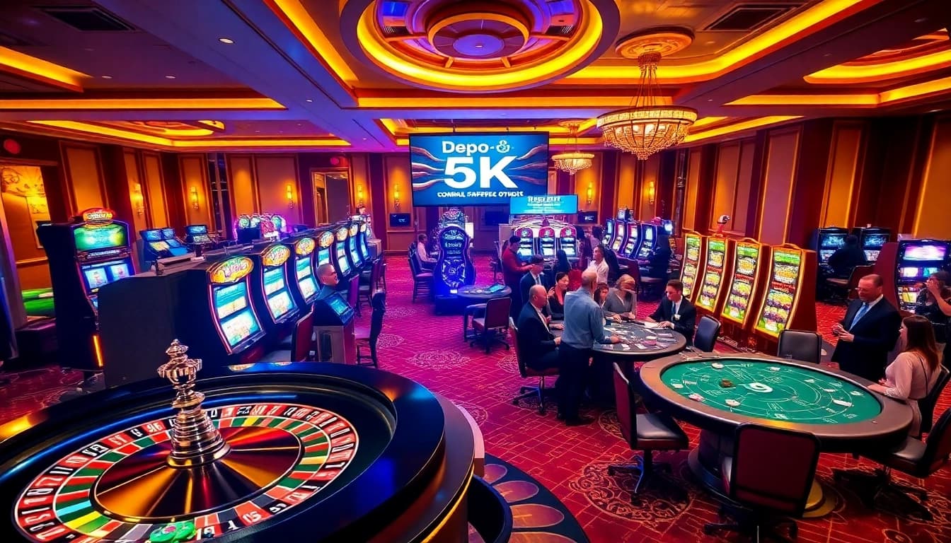 Experience the thrill of gambling with depo 5k on a bustling casino floor featuring slot machines and poker tables.
