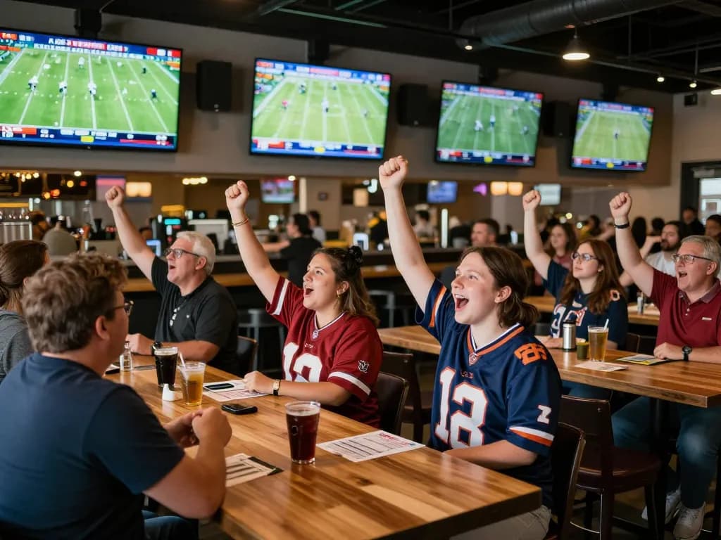 KQBD sports fans enjoying live matches in a busy sports bar, with excitement and camaraderie visible.