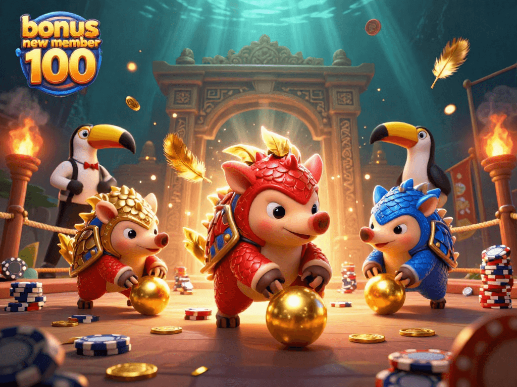 Experience thrilling gameplay with bonus new member 100 and vibrant casino elements in this dynamic illustration.