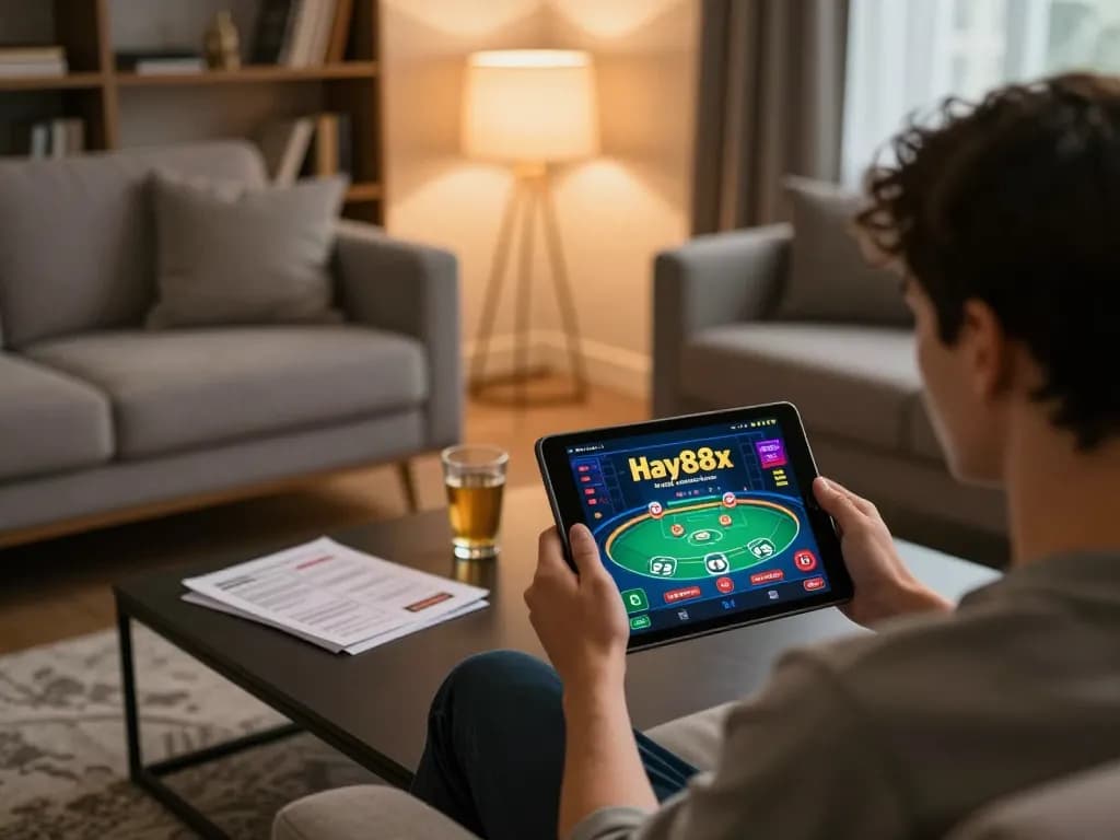 Person enjoying online casino gaming on Hay88x platform in cozy living room setting.