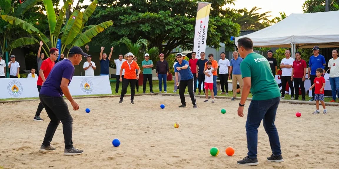 Kompetisi petanque yang diadakan oleh fopikotatarakan.org di lapangan terbuka dengan pemain dari berbagai usia.