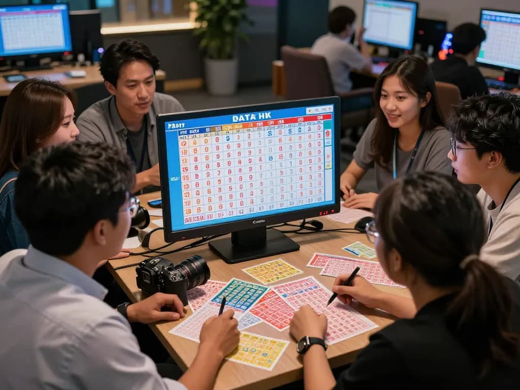 Group excitedly analyzing Data HK lottery results in a modern gaming lounge.