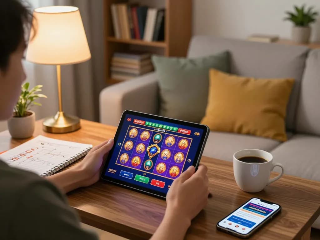 Player engaging with situs slot gacor on a tablet while enjoying a cozy home environment with strategy notes.