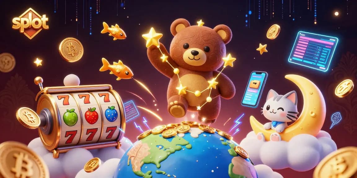 Spin to win exciting slot games with our vibrant illustration featuring a constellation bear, lucky symbols, and crypto elements.