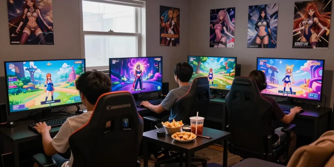 Players enjoying ecchi simulator games in a vibrant and engaging gaming room