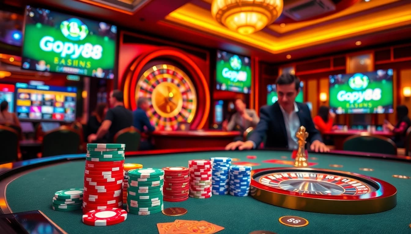 Experience the thrill of Gopay88 online gaming with an exciting casino scene showcasing poker chips and roulette.