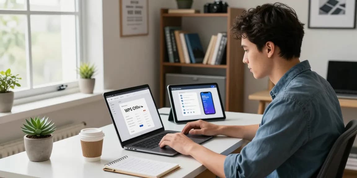 Downloading WPS Office in a modern home office workspace with tech gadgets and natural light.