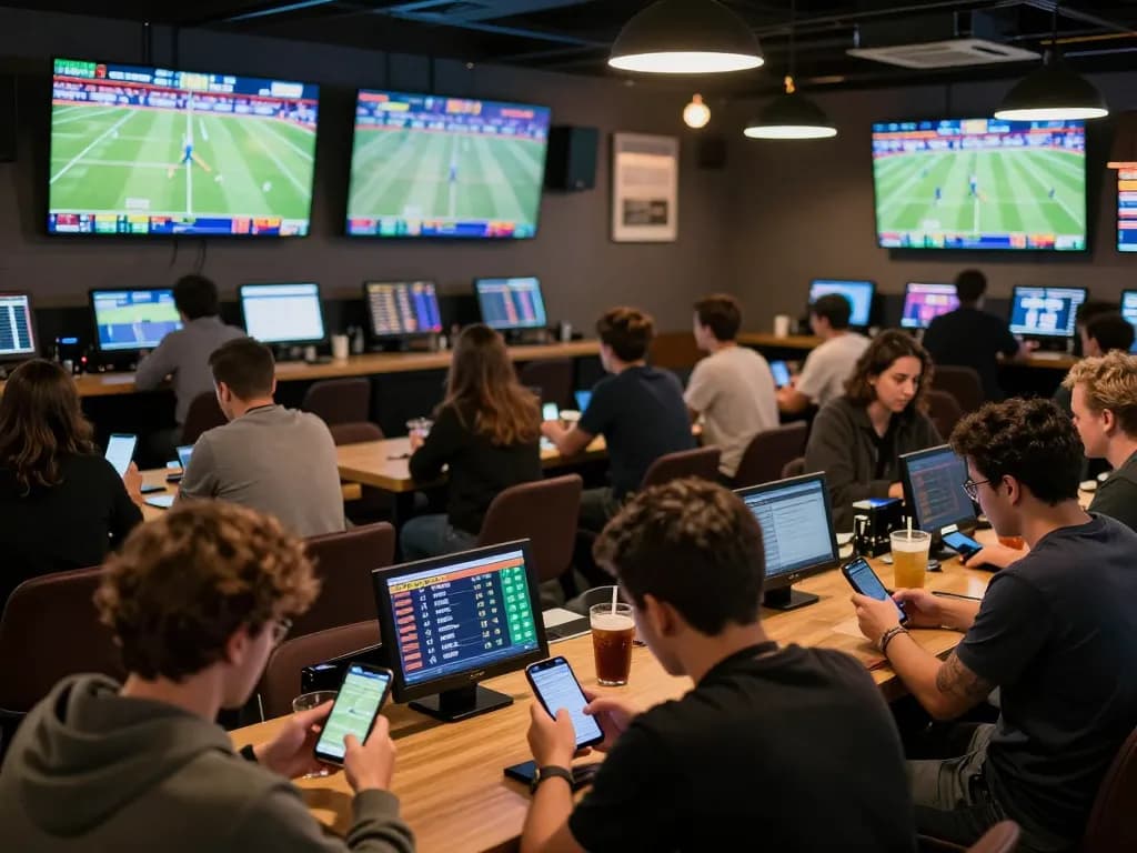 Engaged bettors using keonhacaii88 app in a vibrant sports betting lounge with live match screens.