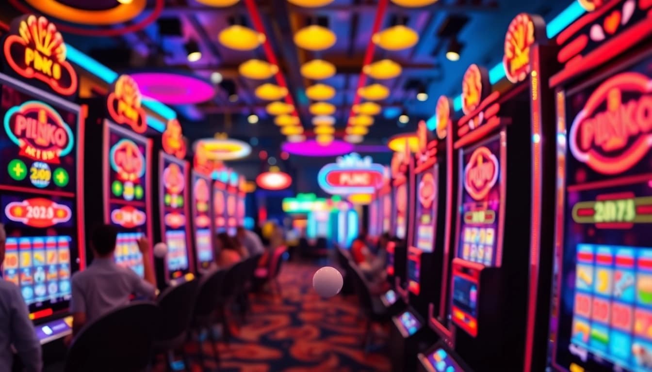 Permainan slot plinko yang menampilkan pemain menjatuhkan bola pada papan permainan yang berkilau.
