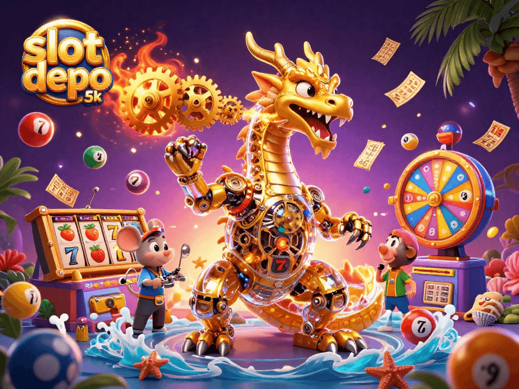 Engage in the excitement of slot depo 5k with a vivid 3D dragon scene showcasing dynamic slot reels and vibrant elements.