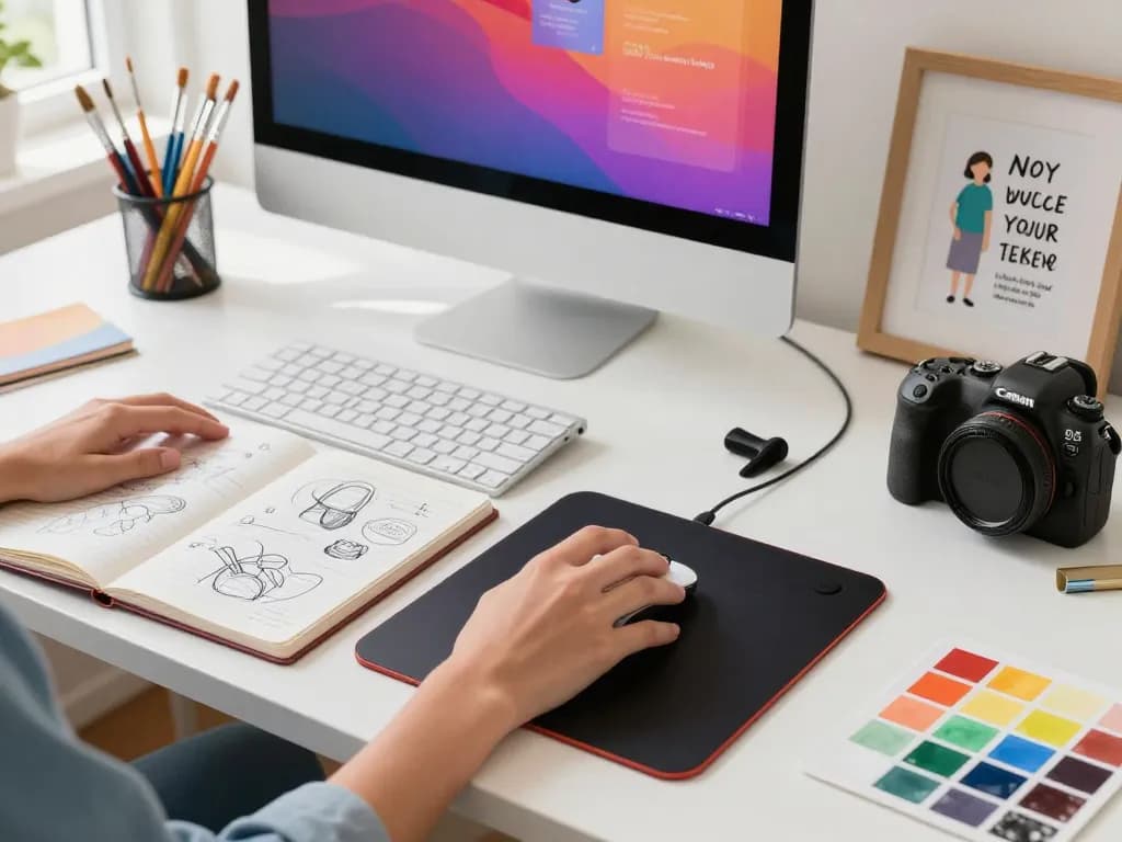 Custom 3D mouse pad with wrist support enhances ergonomics in a vibrant creative workspace.