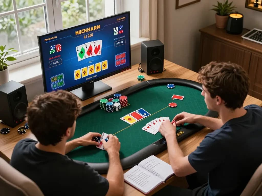Players strategizing during an online poker session at 388bet, with vibrant cards and chips vivid on the screen.