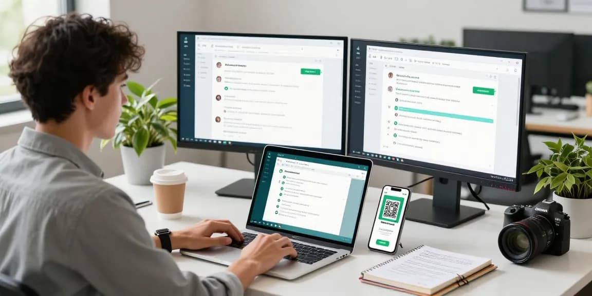 Young professional using WhatsApp網頁版 at a modern workspace with dual monitors and QR code.