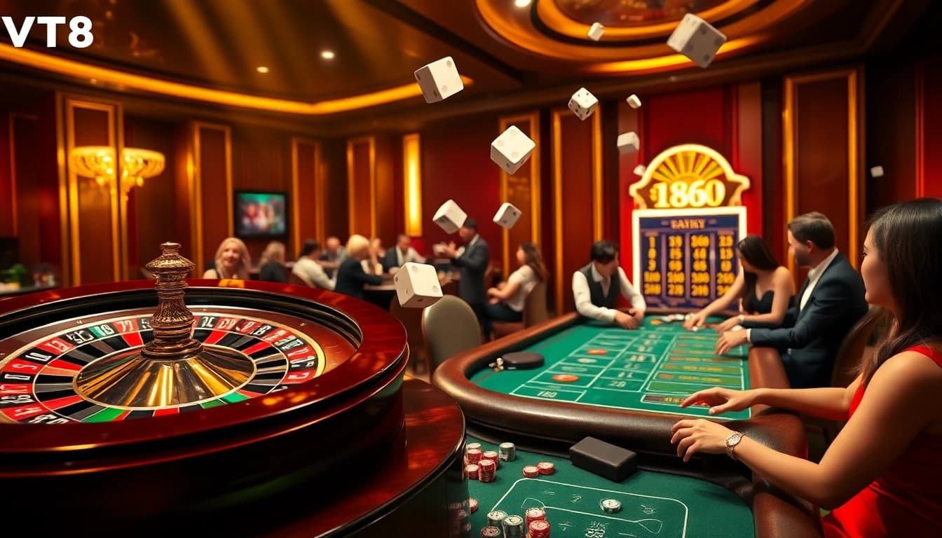 VT88 casino scene capturing players' excitement at the roulette table with vibrant colors.