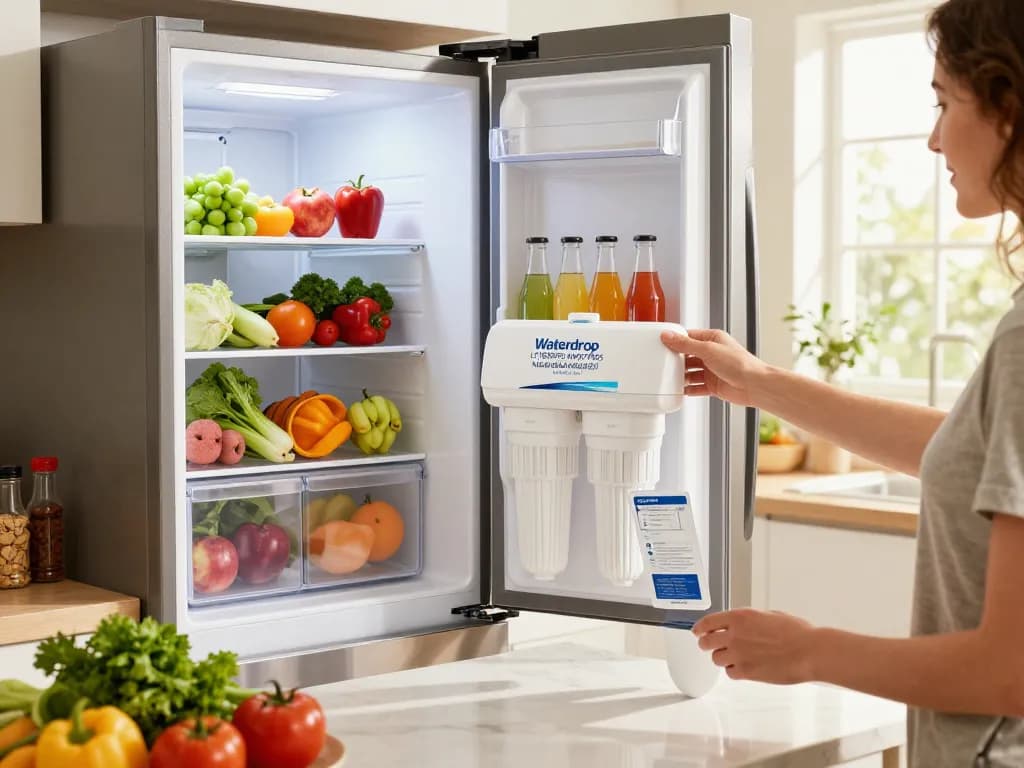 Replacing the Waterdrop LT1000PC ADQ747935 MDJ64844601 Refrigerator Water Filter in a bright, modern kitchen.