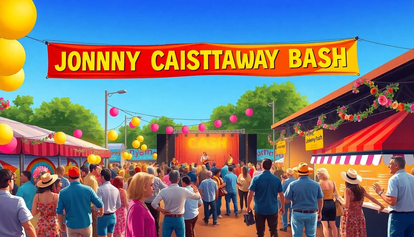 Live celebration at johnnycashbirthday.com featuring vibrant performances and joyful crowds.