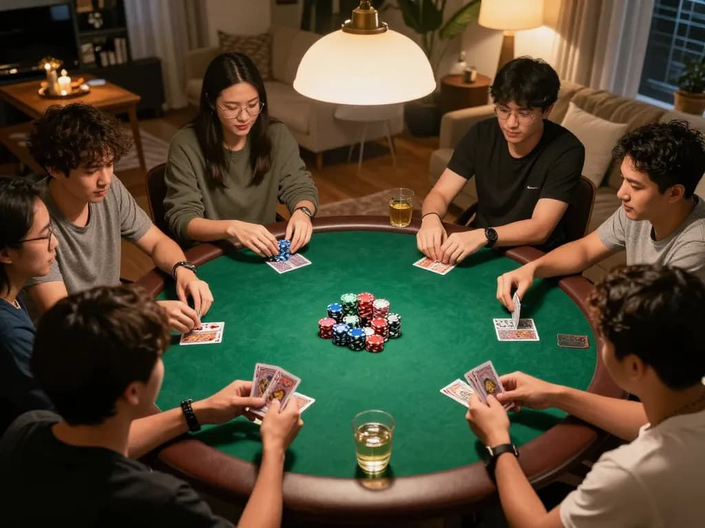 Players enjoying a Chatgpt caricature game night with colorful chips and warm lighting.
