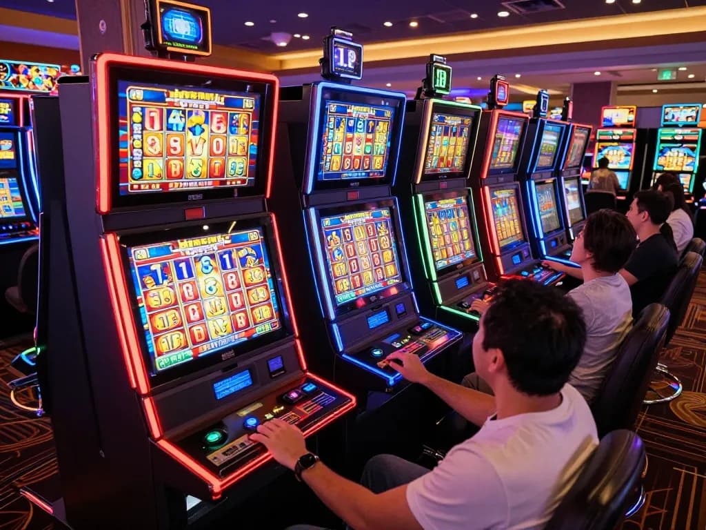 Engaged players enjoying slot77 machines with vibrant displays in a lively casino.