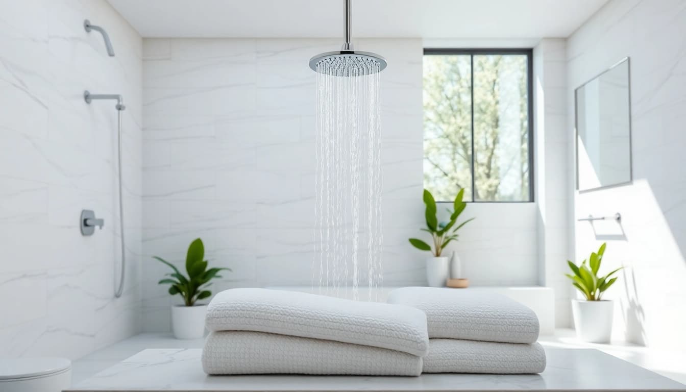 Experience sunny shower USA with a luxurious shower system in a modern bathroom setting.