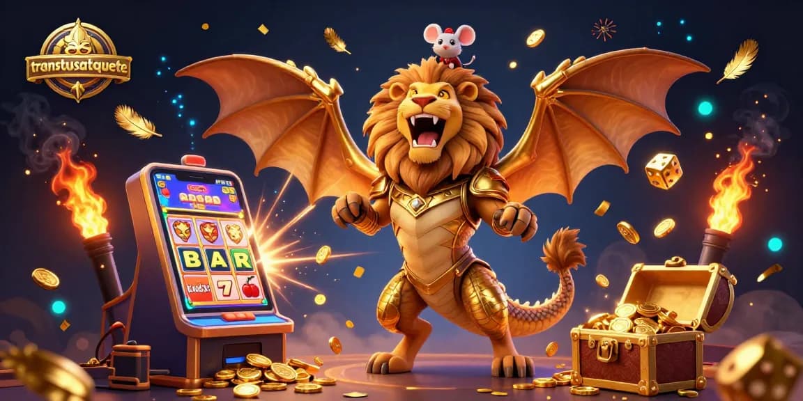 Experience high-stakes excitement with transtusatiquete in a vibrant 3D casino illustration featuring a golden chimera and jackpot symbols.