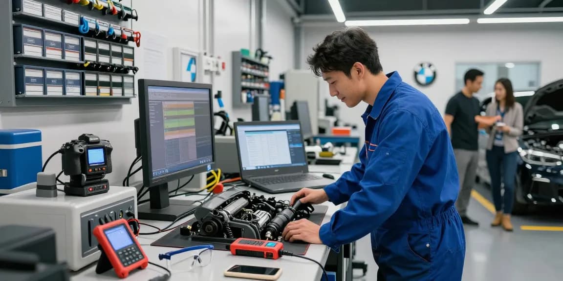BMW Werkstatt Hannover - professioneller Mechaniker inspiziert BMW-Motor in gut ausgestatteter Werkstatt