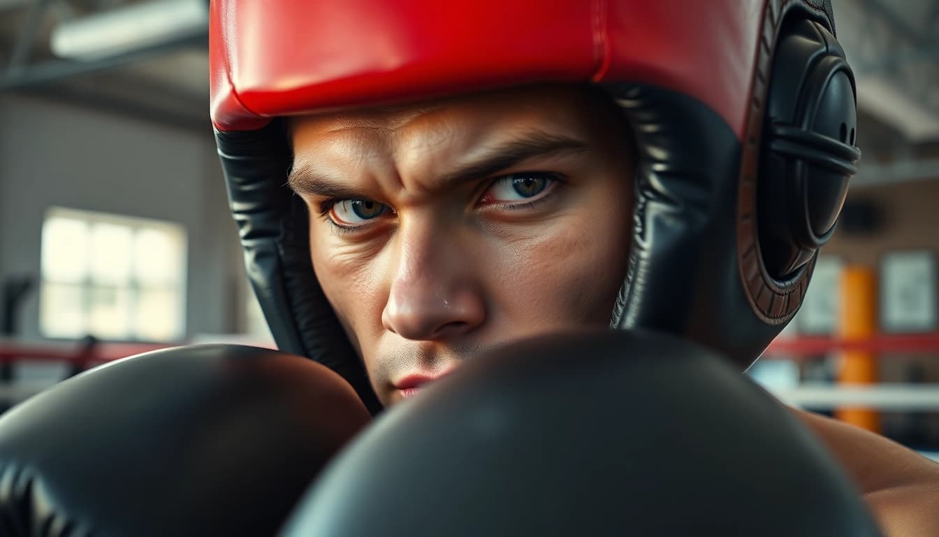 Training mit Kopfschutz im Boxen – Ein professioneller Boxer fokussiert sich.