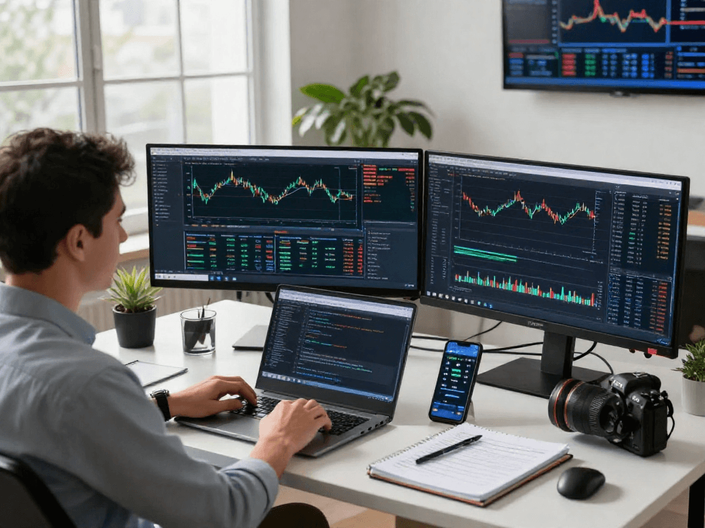 Trader utilizing metatrader 5 on multiple monitors in a bright professional workspace.
