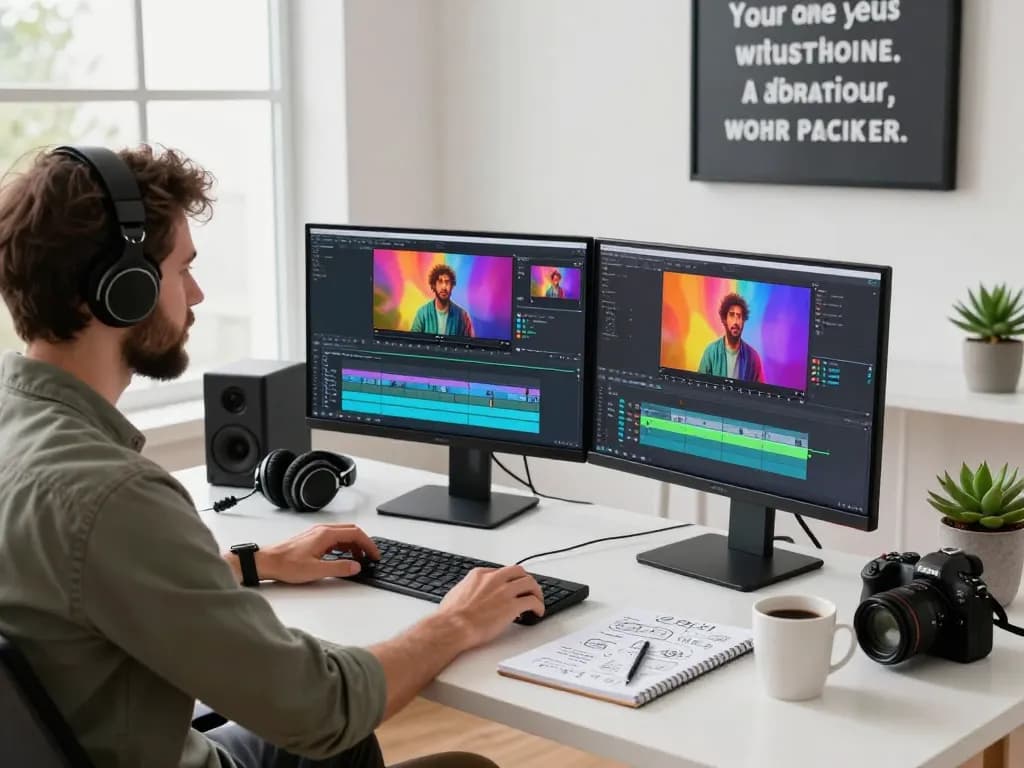 Filmmaker utilizing seedance 2.0 in a vibrant digital workspace, engaged in video editing and storytelling.